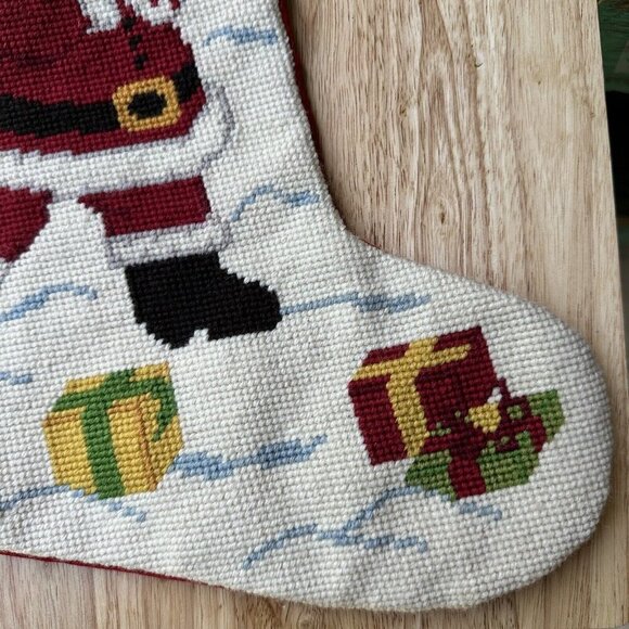 Vintage Wool Needlepoint Christmas Stocking Santa Toys Red Velvet Back Sz 18" L - Picture 4 of 9